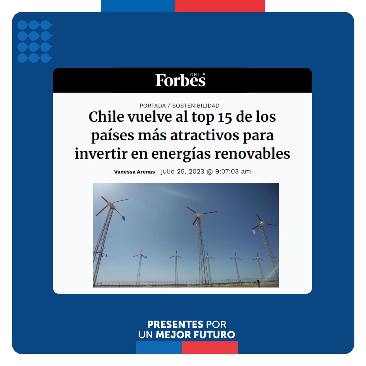 camila_vallejo's tweet image. ¡Buenas noticias! ✨ Gracias a las decisiones que hemos tomado como Gobierno, nos posicionamos como el país N°1 en Latinoamérica en el Índice Atractivo País para Energías Renovables, avanzando en un modelo de desarrollo con políticas publicas sustentables para combatir el cambio…