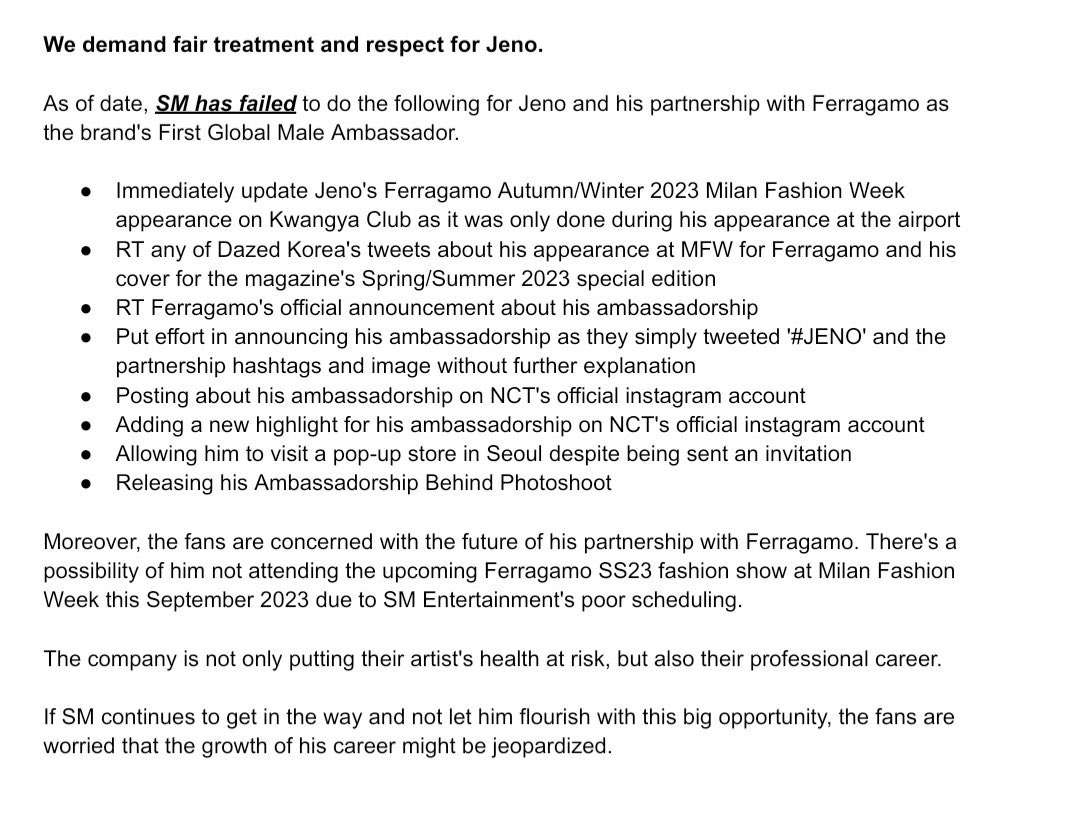 Jeno is Ferragamo's First Global Male Ambassador. However, it has come to the fans' attention that there have been lapses on SM Entertainment's part when it comes to letting him experience this part of his career.

WE WANT FERRAGAMO JENO
#BEFAIRTOJENO

@SMTOWNGLOBAL
@NCTsmtown https://t.co/ifrbaHYc94