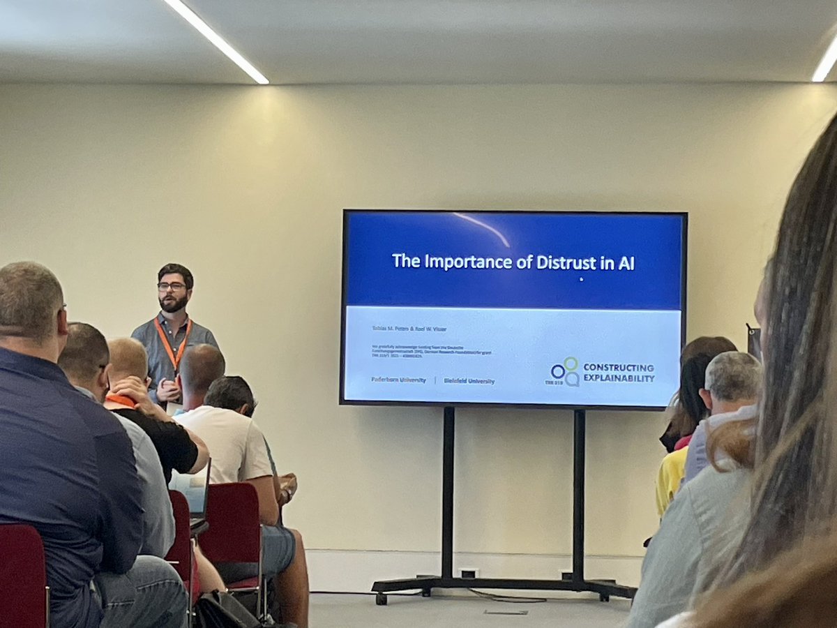 HammerLabML's tweet photo. #XAI experts love to emphasize the importance of #TrustworthyAI, but what about distrust? At #cAI2023, @trr_318‘s Tobias Peters points our attention to cases where a lack of trust might be beneficial for human behavior.
Joint work with our own Roel Visser. https://t.co/AcscNefuKu