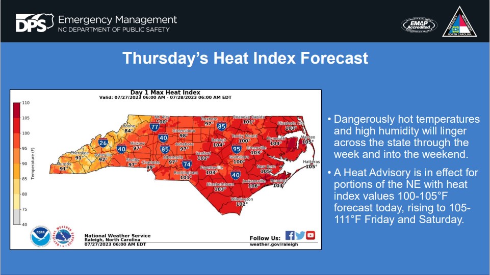 Thursday #ncwx update:
• Hot temperatures and high humidity will lead to dangerous heat across much of NC with heat index values 100-105 °F forecast across the eastern half of the state today, rising to 105-111 °F Friday and Saturday.