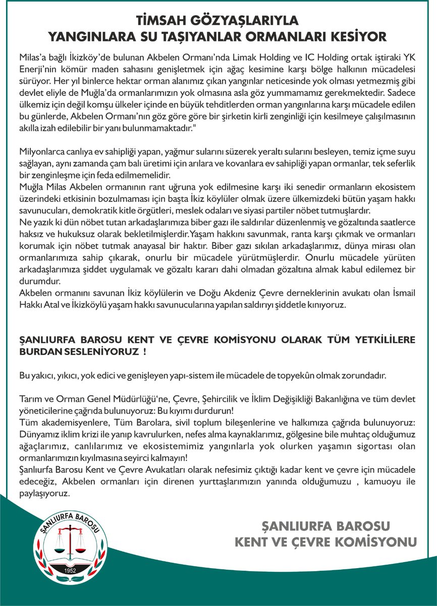 KentveCevre's tweet photo. Akbelen Ormanı'ndaki talana karşı açıklamamızdır. 

@UrfaBarosu https://t.co/QoPV4C0cYN