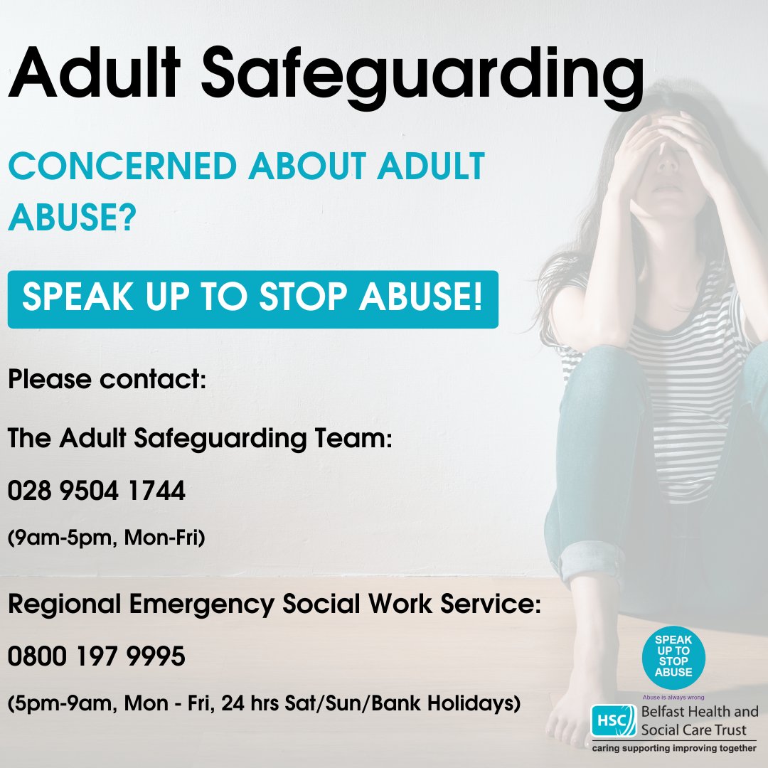 BelfastTrust's tweet photo. If you’re concerned about adult abuse, you can speak up to stop it.

To make a report, please contact:

The Adult Safeguarding Team (9am-5pm, Mon-Fri) – 028 9504 1744

Regional Emergency Social Work Service (5pm-9am, Mon - Fri, 24 hrs Sat/Sun/Bank Holidays) - 0800 197 9995 https://t.co/xruL9zhSQ0
