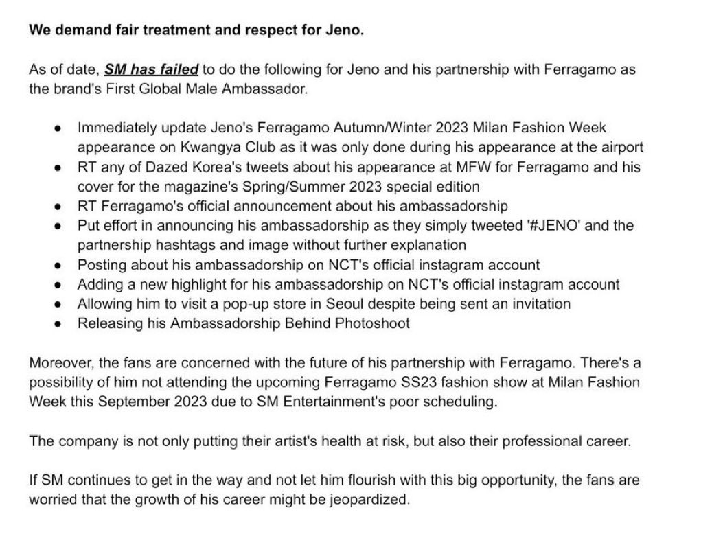 Jeno is Ferragamo's First Global Male Ambassador. However, it has come to the fans' attention that there have been lapses on SM Entertainment's part when it comes to letting him experience this part of his career.

WE WANT FERRAGAMO JENO
#BEFAIRTOJENO

@SMTOWNGLOBAL
@NCTsmtown https://t.co/dDUyin0KvP