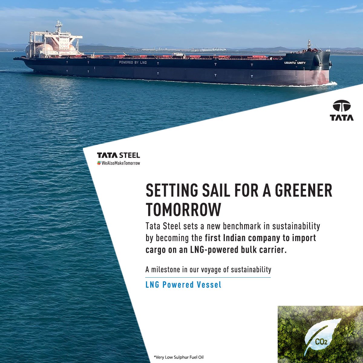 TataSteelLtd's tweet photo. We are proud to set a new benchmark in #sustainability as the first Indian company to import cargo on an LNG-powered bulk carrier. Embracing eco-friendly shipping, we are committed to reducing our carbon footprint & building a greener future.
#TataSteel #TomorrowIsGreen https://t.co/swScgZQIIl