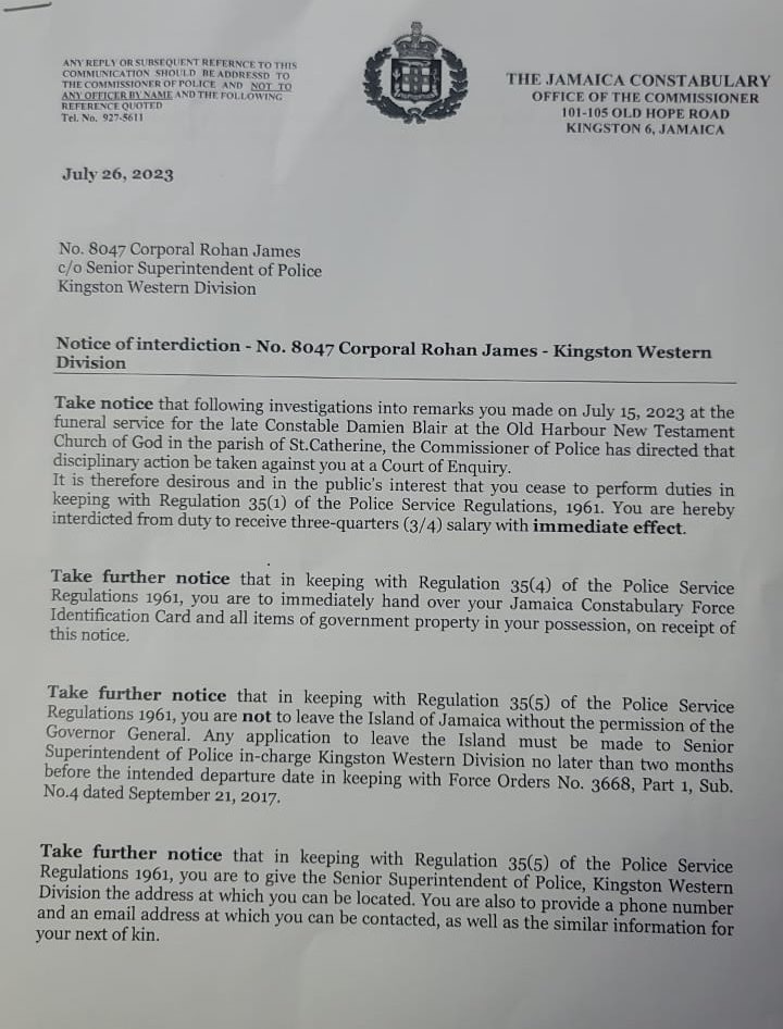 DamionMitch's tweet photo. JUST IN: The Police Commissioner has interdicted the chairman of the Jamaica Police Federation Corporal Rohan James following comments he made two Saturdays ago. James was critical of the Police High Command in the ongoing issue regarding overtime pay for police. https://t.co/YvllzPHxVM