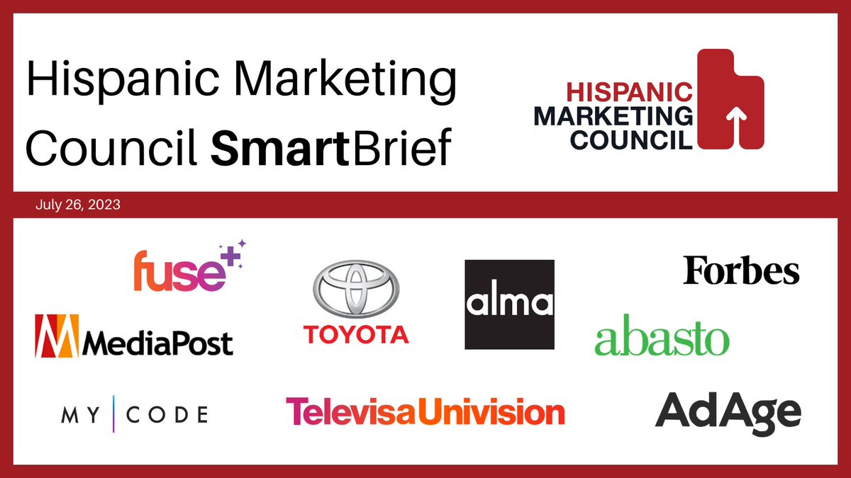 hmchispanic's tweet photo. Did you miss our #SmartBrief? Click https://t.co/uYI9HsnT5S to read the latest #hispanicmarketing articles covering @fusetv, @Toyota, @AlmaAgency, @MyCodeMedia &amp; @TeleUniCompany in @adage, @abasto, @MediaPost, @Forbes &amp; more! https://t.co/WppK6RgzAU