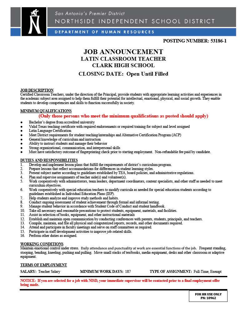 NISD WORLD LANGUAGES - We are looking for a Latin teacher to join our Clark High School team! 🏛️

Apply today!     

1.) Go to: nisd.net/hr   
2.) Apply to the job posting: Latin Teacher - Clark High School
