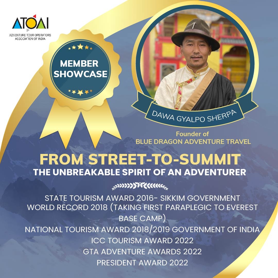 ATOAIexplore's tweet photo. This Friday, at the #ATOAIMemberShowcase we have Mr. Dawa Gyalpo Sherpa, who set a world record in 2018 when he carried the first paraplegic individual to ever reach Everest Base Camp. 

#ATOAIexplore #adventuretravelindia
#sustainable #leaders #inspiration #bluedragonadventures https://t.co/RENBh9xKfE