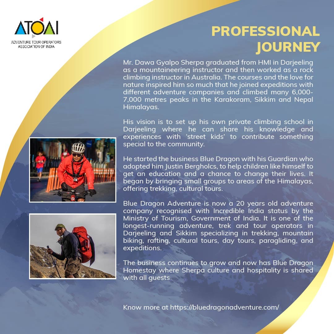 ATOAIexplore's tweet photo. This Friday, at the #ATOAIMemberShowcase we have Mr. Dawa Gyalpo Sherpa, who set a world record in 2018 when he carried the first paraplegic individual to ever reach Everest Base Camp. 

#ATOAIexplore #adventuretravelindia
#sustainable #leaders #inspiration #bluedragonadventures https://t.co/RENBh9xKfE