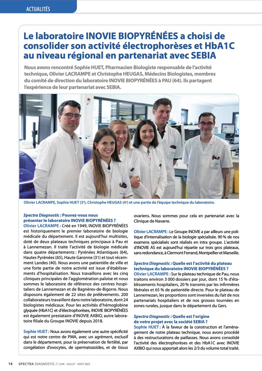 🔬INOVIE BIOPYRÉNÉES renforce son expertise régionale en électrophorèses et HbA1C en collaboration avec SEBIA.

3 Biologistes se sont entretenus avec @SpectraDiagnostic pour partager leur expérience.

🧪 Inovie Biopyrénées a consolidé l'activité des #électrophorèses et des HbA1C.