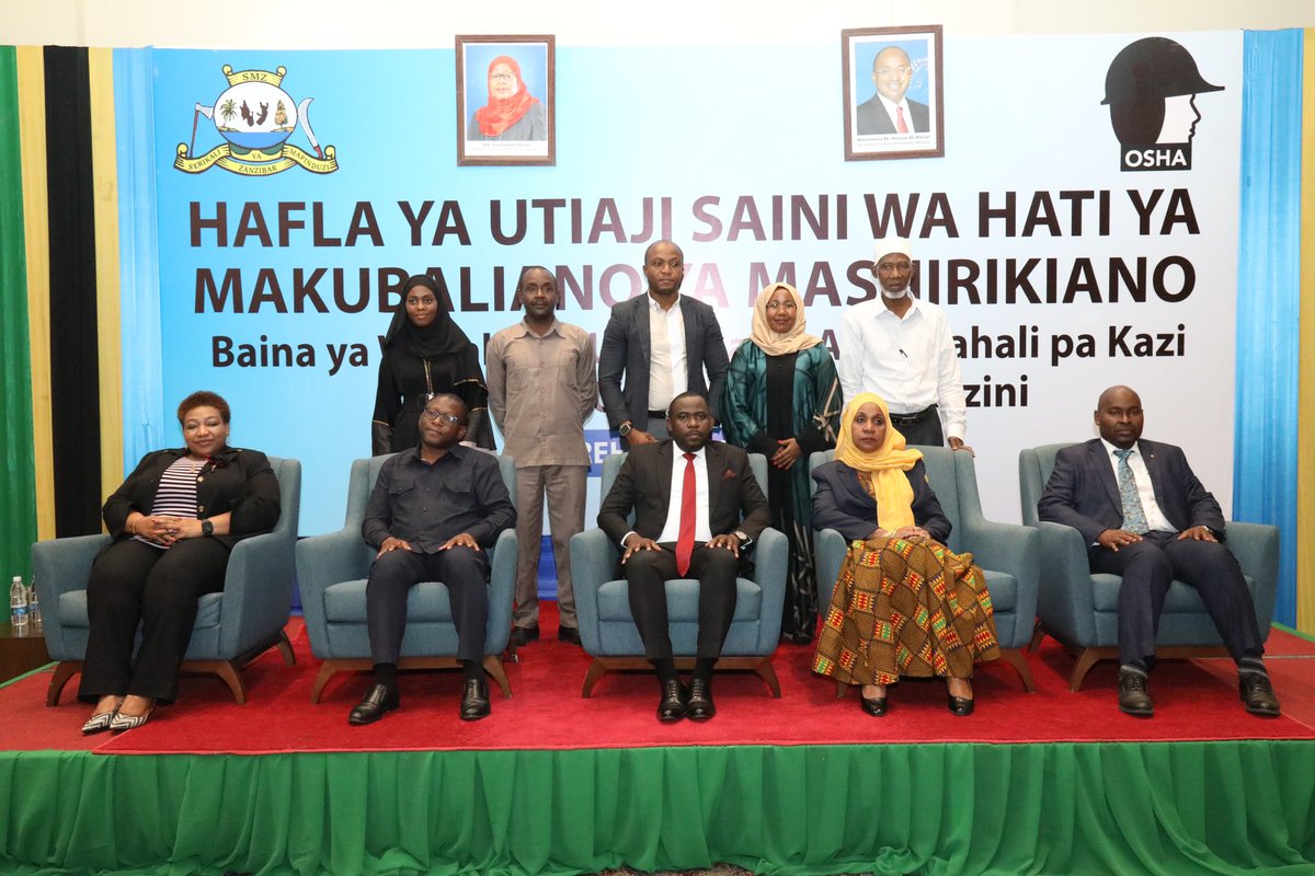 GertrudeSima's tweet photo. Today I had an opportunity to deliver remarks on behalf of @ILO_EastAfrica Director a.i Mr @JC_ILO in an historical event of #OSH MoU signing ceremony by @TanzaniaOsha & #DOSH #Zanzibar I underscored the importance of #OSH at workplace in sync with ratification of #C155 & #C187 https://t.co/DYlgXXRkCw