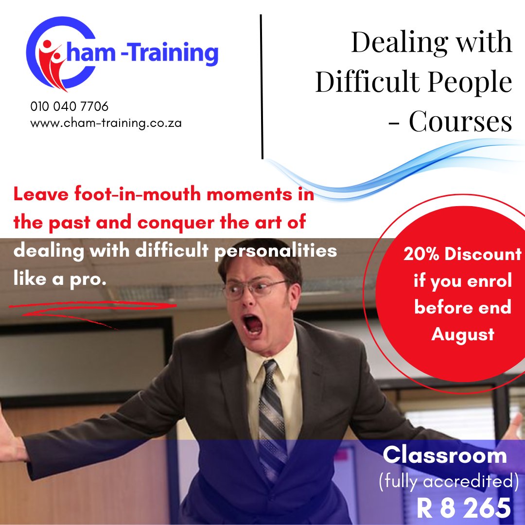 👥🌟 Navigating the Path to Harmony: Mastering the Art of Dealing with Difficult People! 🛤️💼
Visit our website today to find out more:  cham-training.co.za or call us on: 010 040 8335
#DealingWithDifficultPeople #ConflictResolution #PersonalDevelopment #SkillsTraining