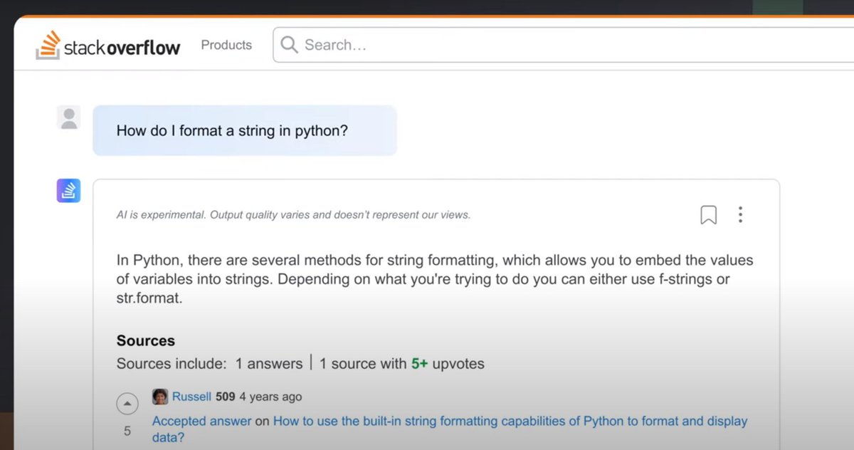 Stack Overflow acaba de anunciar su propia IA llamada "OverflowAI" y que también tendrá una extensión de vscode 🤯

Si haces una pregunta en Stack Overflow se generara la respuesta automáticamente, ademas de que cita las fuentes que utilizo para generar dicha respuesta.