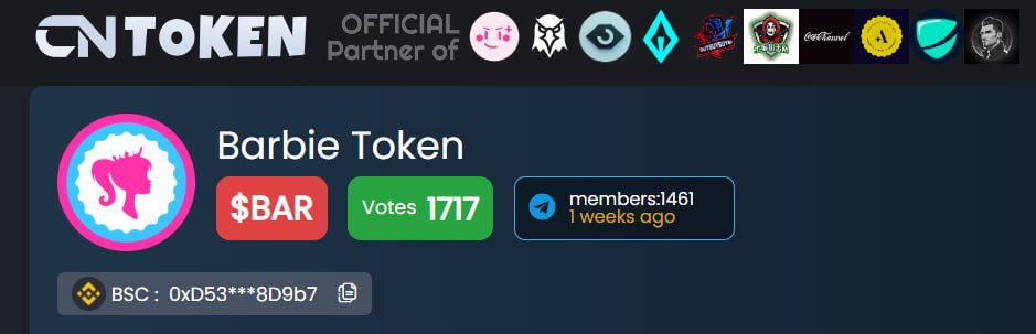 Barbie_token's tweet photo. 🦋 Vote for $BAR on CNToken! 🦋

You can follow the price on CNToken, but you can also help promote $BAR!

🔥 Let's raid CNToken: https://t.co/PTgr3Ku4zK

#BarbieMovie #BarbieTheAlbum #Barbiethemovie @barbiethemovie #BarbieToken https://t.co/KtCGek8z5p