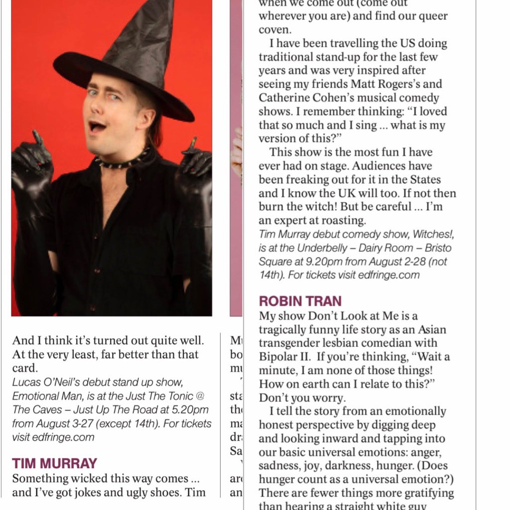 I’m in the @heraldscotland ! Check out Tim Murray is Witches and the rest of my American friends at #edinburghfringe ! #edfringe