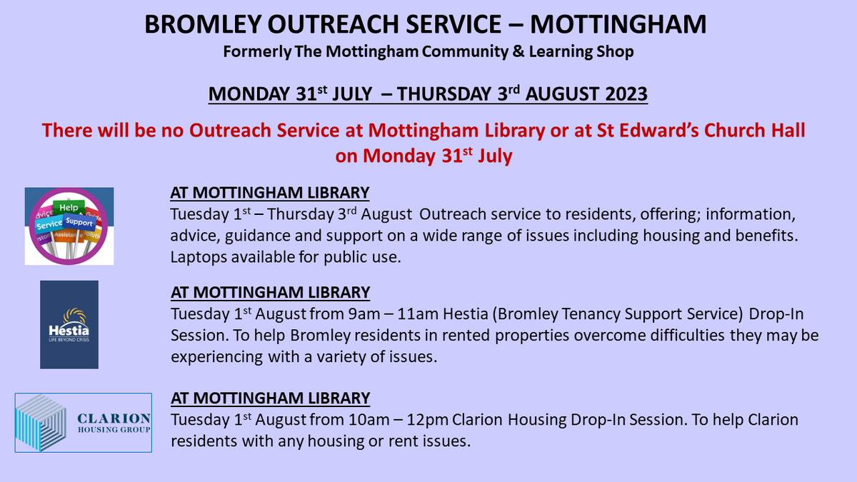 Details of drop-in sessions and surgeries taking place next week; including Clarion Housing from 10am - 12noon on Tuesday at Mottingham Library. @MBLR_Mott @BR7BR5BR1News @Hestia1970 @ClarionSupport @BromLibraries #socialhousing #information #advice #support