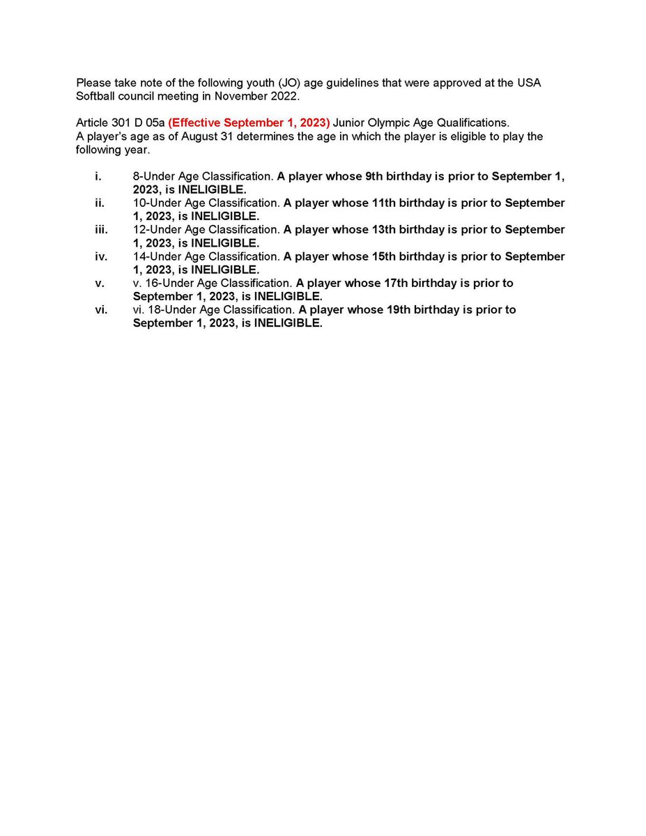 MetroDetroitASA's tweet photo. Please take note of the following (JO) age guidelines that were approved at the USA Softball council meeting in November 2022. https://t.co/J6CmmTof4J
