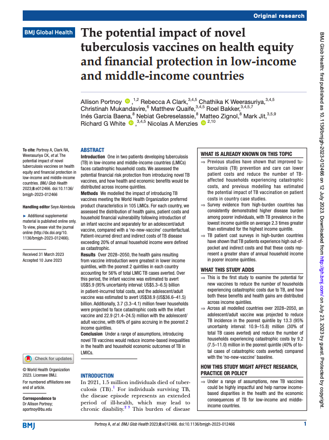GlobalHealthBMJ's tweet photo. "New TB vaccines could be highly impactful and help narrow income based disparities in the health and the economic consequences of TB for low-income and middle income countries." @AllisonPortnoy @ra_clark18 @markjit @richardwhite321

📣 New Research ➡️ https://t.co/aFzLksWwyH https://t.co/Xd62doNqA7