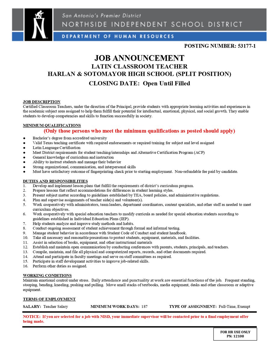 NISD WORLD LANGUAGES - We are looking for a Split Latin teacher to join Harlan High School and Sotomayor High School teams! 🏛️

Apply today! 
      
1.) Go to: nisd.net/hr    
2.) Apply to the job posting: Latin Teacher - Split Harlan and Sotomayor High School