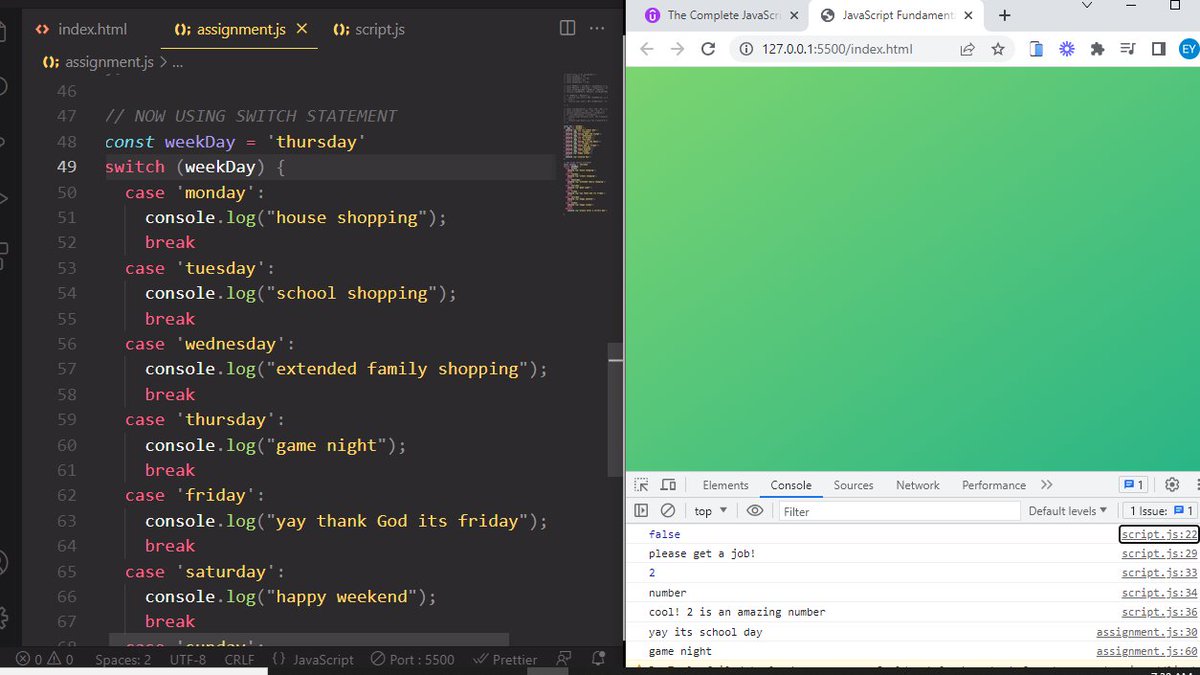 loveamos83's tweet photo. Hello, so i had some issues, ran out of data  but i am back now, and today i learnt the LOGICAL OPERATORS,IF ELSE AND SWITCH STATEMENT, and i used one value to compare multiple options using the if else elseif and switch.
Day3✅
@codingcas 
@ajulu_ 
@levdev_ojukwu 
@mark_ojukwu https://t.co/FbZuyURk28