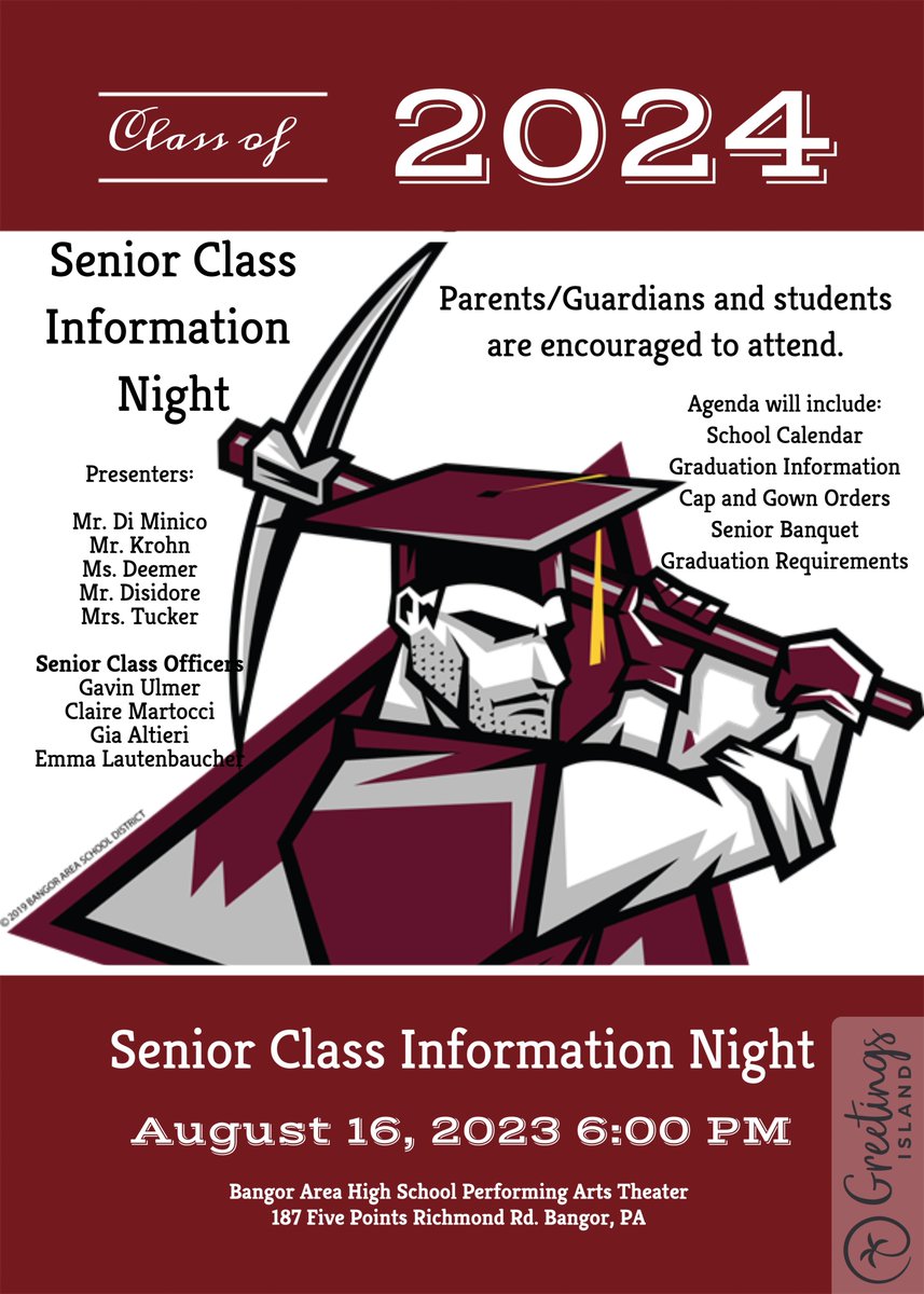 BAHS Class of 2024 Senior Information Night is scheduled for Wednesday, August 16th @ 6:00 PM in the theater. Parents/guardians of seniors are encouraged to attend with students. Important information will be provided! #SlaterNation