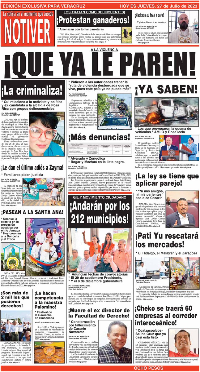 NOTIVER's tweet photo. #Hoy en# Portada para este #jueves
#Protestan #ganaderos los #tratan como #delincuentes
Ya #párenle a la #violencia
La #criminalizan
Más #denuncias
Le dan el #último #adiós a #Sayma
Más #noticias en https://t.co/gvztwyGkO5 https://t.co/4DF3AJMdoi
