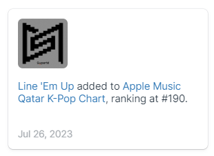 SuperTube12's tweet photo. #SuperM Songs on Global Charts [27/28 JUL]  

✨#LineEmUp was added to Apple Music QATAR🇶🇦K-Pop Chart, ranking at #190.

@superm #BAEKHYUN #TAEMIN #KAI #TAEYONG #TEN #LUCAS #MARK https://t.co/aBm1XlLeWl
