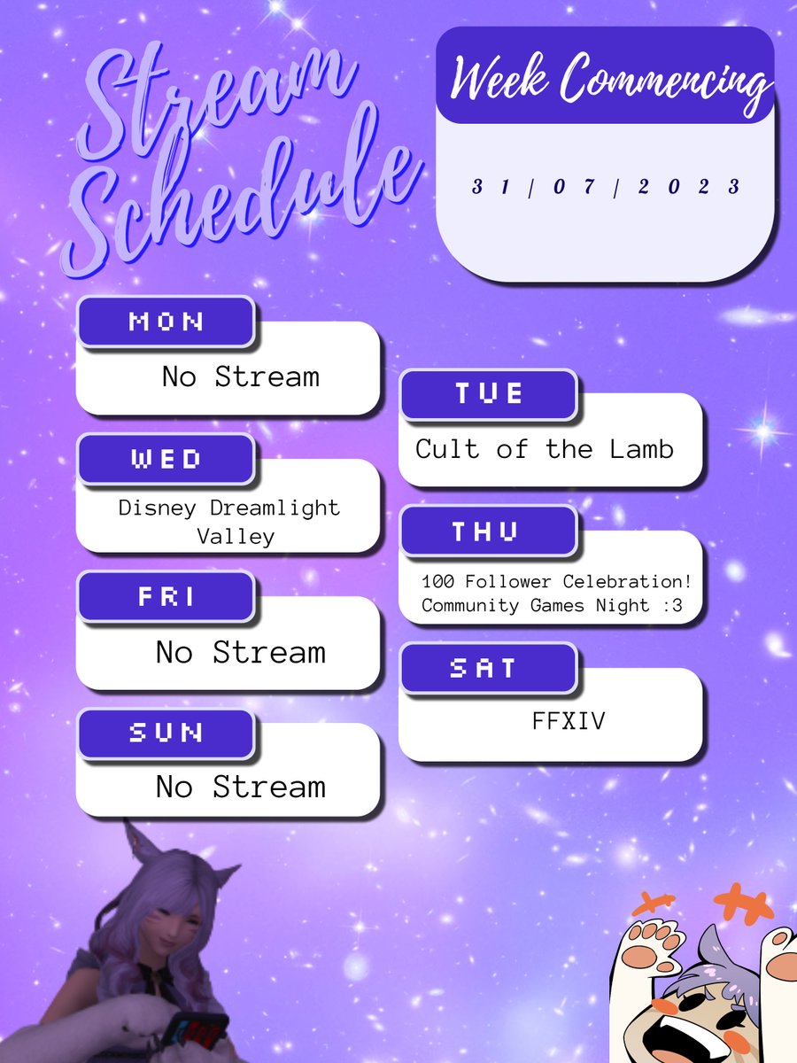 MolflakeMagic98's tweet photo. Your stream schedule for next week- and your 100 follower celebration stream!! I hope to see you all at my streams next week, it's time to get hyped!!!!!!! ๐๐๐#Twitch #TwitchAffiliate #MolflakeMagic #CelebrationStream https://t.co/zircbT4kAX