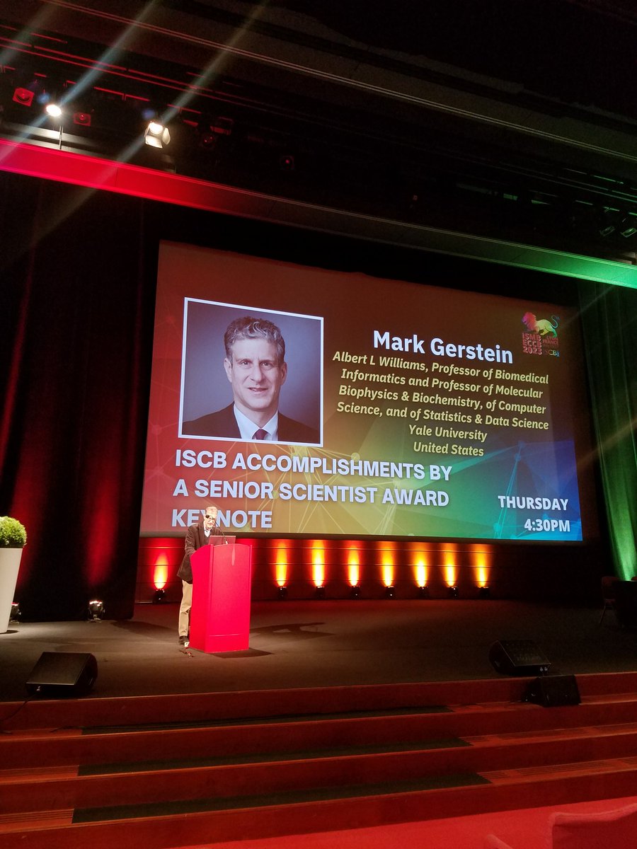 GonzaParra_'s tweet photo. Excited to attend the #ISMBECCB2023 closing keynote speaker lecture! @MarkGerstein a scientist that I have followed for so many years! He is reviewing different stages and projects during his career and will tell us where he thinks our field is going to! https://t.co/e0NBeR2PvG