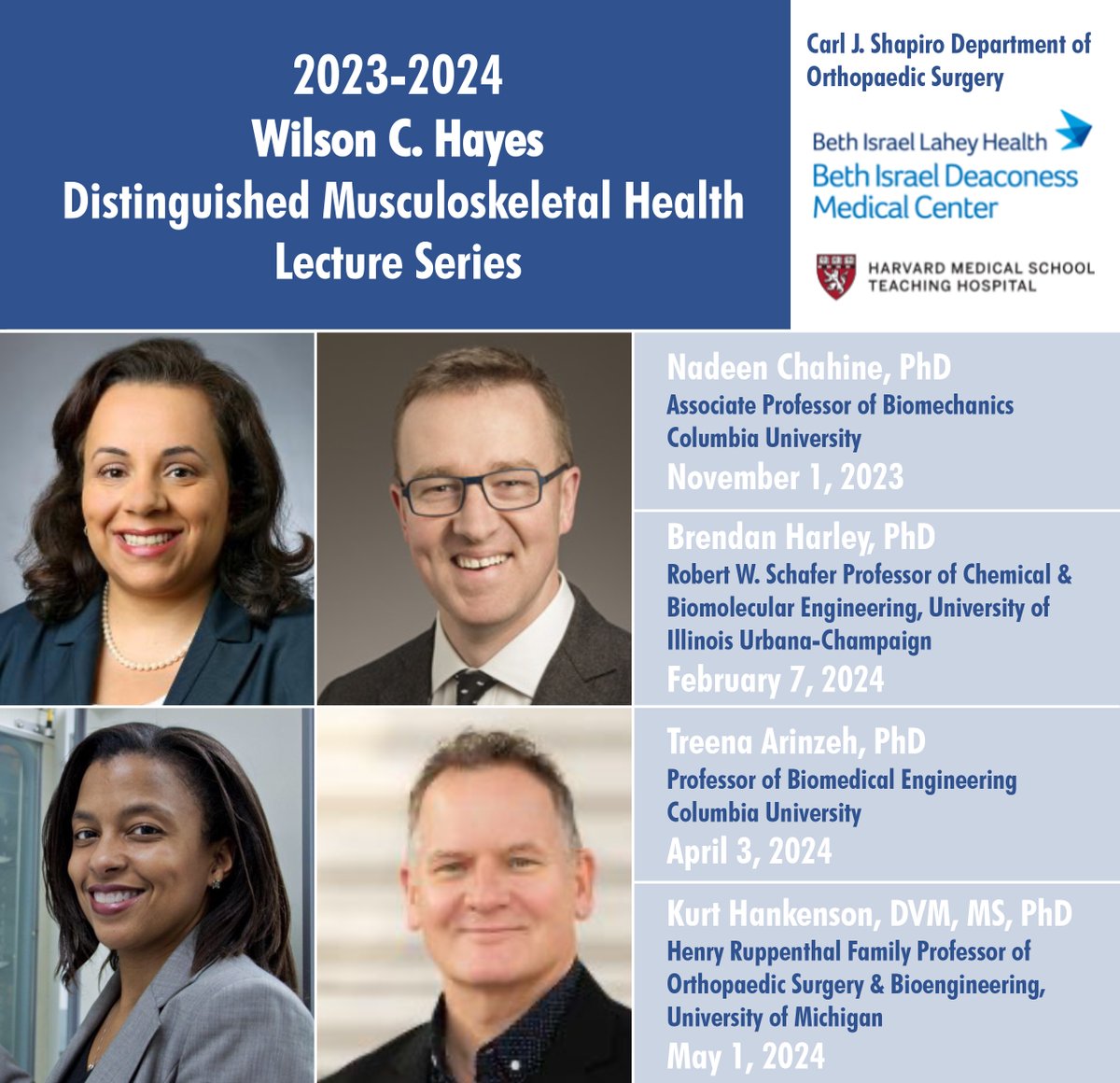 NazarianLab's tweet photo. Excited to announce our 2023-2024 speakers for the @Ortho_BIDMC Toby Hayes Distinguished MSK Health Lecture Series @Bone_Healing from @umichmedicine Treena Arinzeh from @ColumbiaBME @Prof_Harley from @ChBEIllinois &amp; @NadeenChahine from @ColumbiaOrtho @BIDMChealth https://t.co/S4Gfy2G4Z3