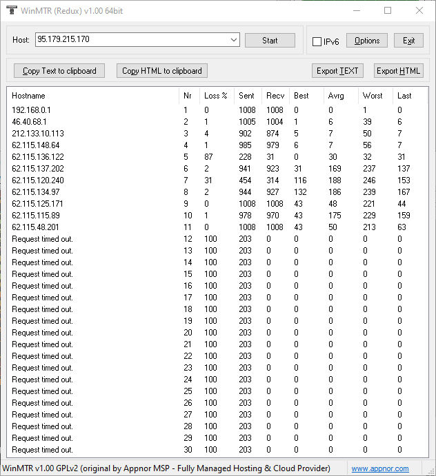Sysxlol's tweet image. at these statistics 95.179.215.170 and 95.179.209.219 constant/choopa/vultr #as20473 are having #packetloss however in game in dmz it is not noticable when i'm facing bots, can't tell how it is against players #craptivision definitely did something to the servers or to the game