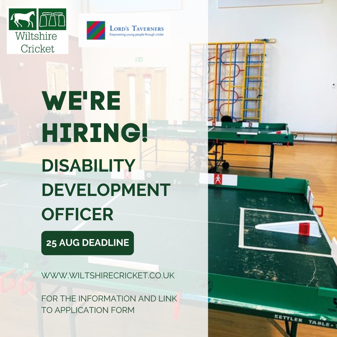 🆕 JOB VACANCY 

➡️ Wiltshire Cricket Disability Development Officer

🏏 In partnership with the <a href="/LordsTaverners/">Lord's Taverners</a> we are looking for someon to lead on delivery of Lord’s Taverners disability programmes across Wiltshire

🗓️ Deadline: 25 August 2023

👉 wiltshirecricket.co.uk/news/2023-07-2…