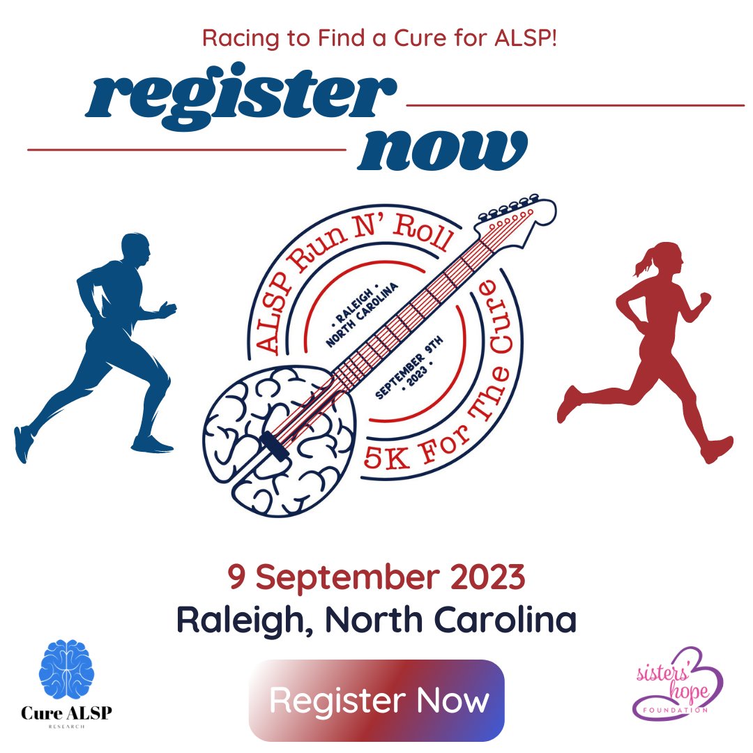 SistersHopeALSP's tweet photo. Run a 5K for the Cure to end ALSP - a hereditary brain disease devastating families everywhere. Join us in Raleigh or participate virtually. Register here: https://t.co/xuNXUD4e0F  
We need your help today!

 #5K #run #cure #ALSP #sistershopefoundation #CureALSP #RunNRoll https://t.co/IMpTjGI2K5
