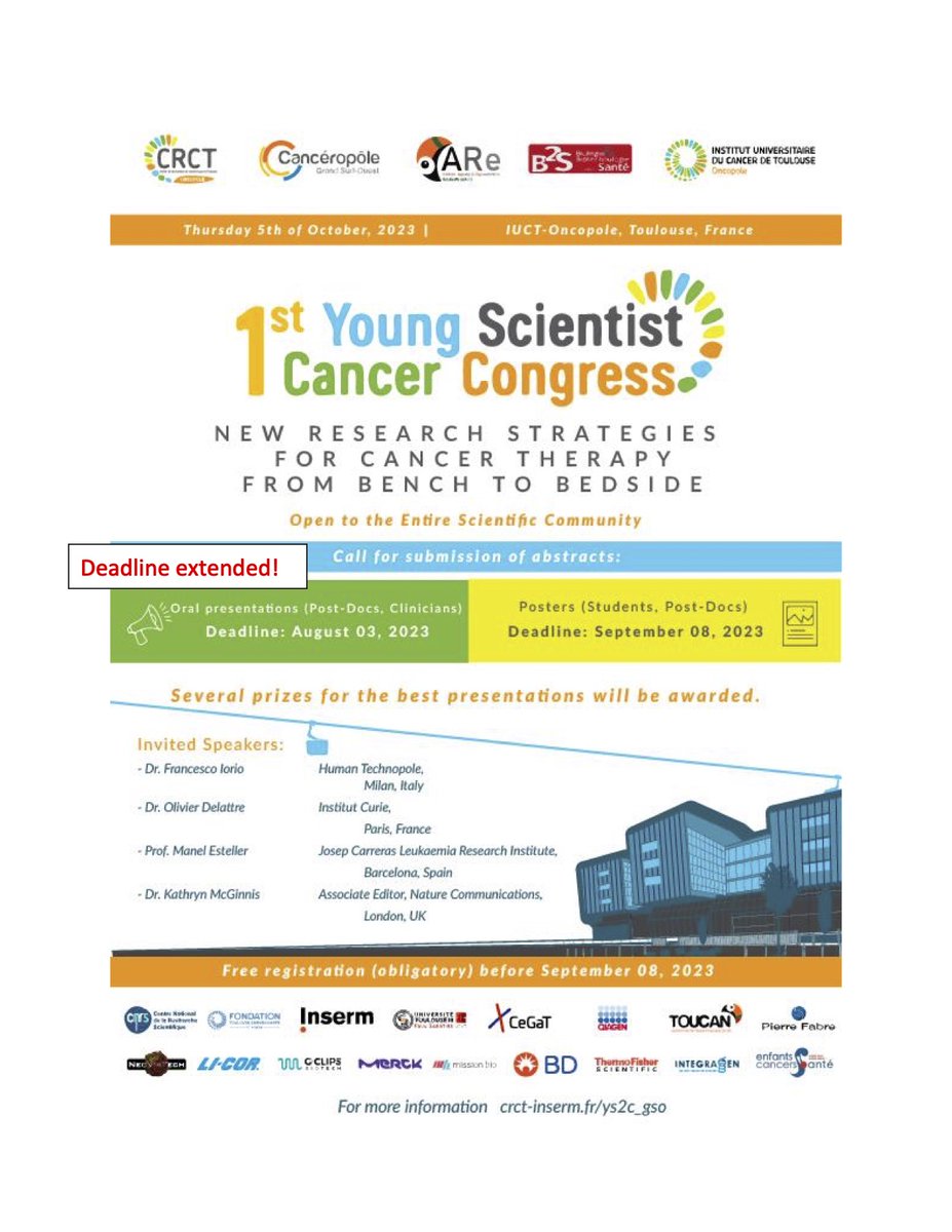 If you're still looking for a chance to present your recent cancer research results, why not coming to #Toulouse? We extended the submission deadline to August 3.
Further, <a href="/EnfantsCancers/">EnfantsCancersSanté</a> will award 2 presentations for the best pediatric oncology presentation!
See you at #YS2C