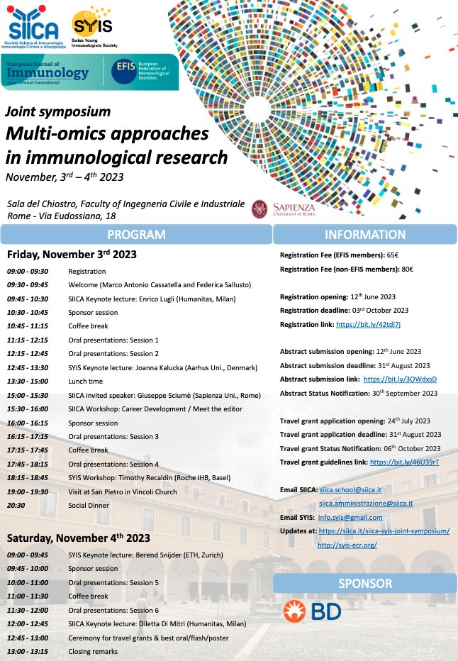 Interested in multi-omics approaches? 👉Then make sure to join us for the first <a href="/SiicaI/">SIICA Immunologia</a>-<a href="/syis_ecr/">Swiss Young Immunologists Society (SYIS)</a> joint symposium beginning of November in beautiful Rome!

<a href="/y_efis/">yEFIS</a>