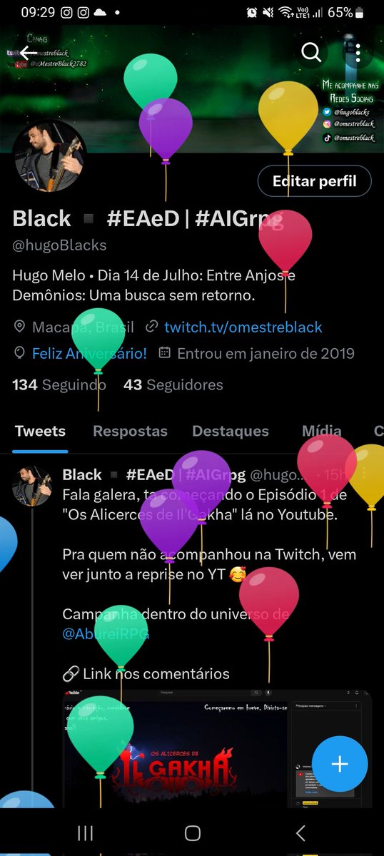 omestreblack's tweet photo. Subiu os balõezinhos 🥰
Pra comemorar meu nível (e me dar um pouco de descanso tbm), não teremos, nem hoje e nem amanhã, nossas campanhas oficiais, #EAeD e #AIGrpg.
Mas teremos a estreia do EP 2 de #EAeD lá no YT. Então fiquem atentos que já já posto o link ✌️
#Bday #rpg https://t.co/IXSPXMSJc8