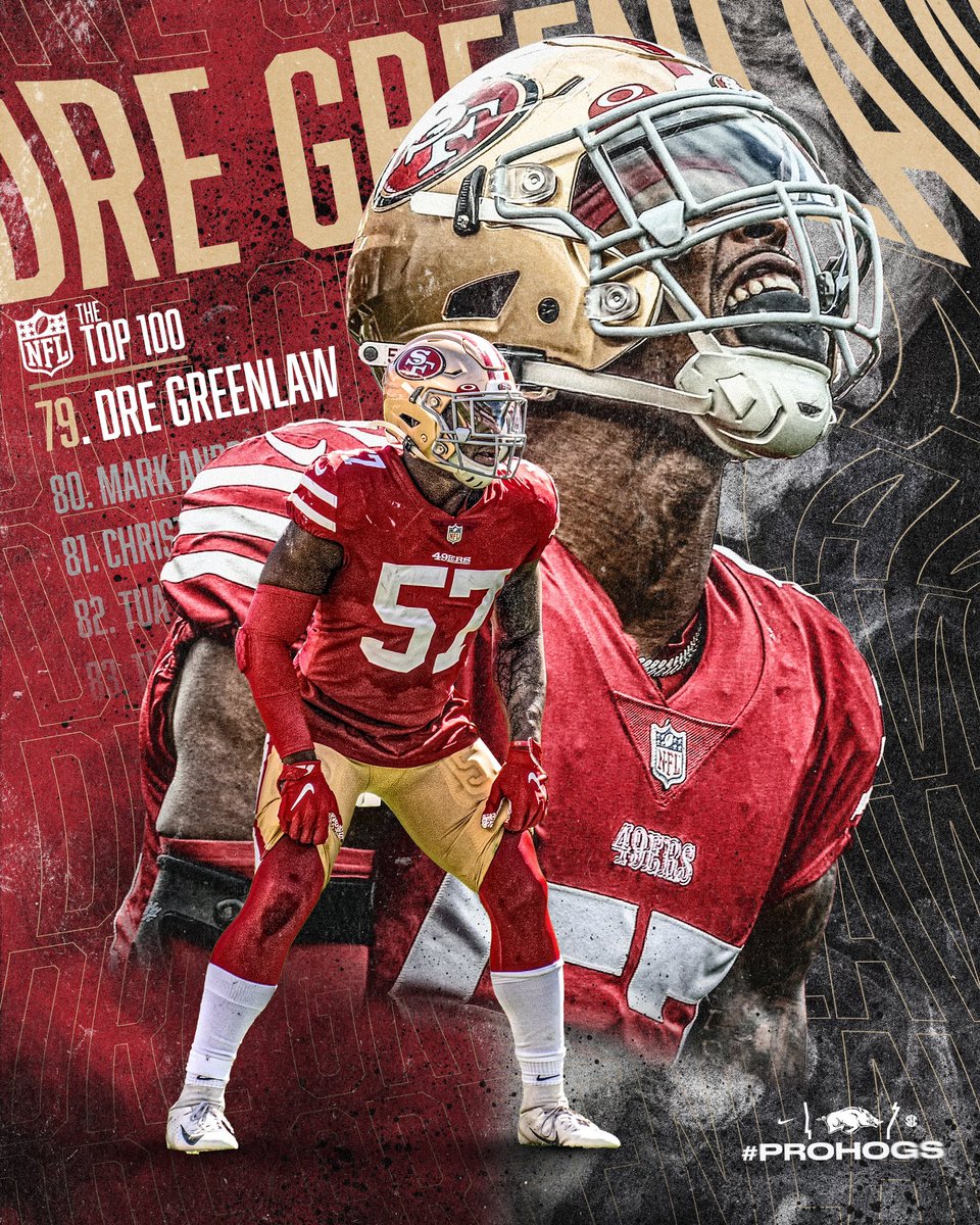 Checking in at #79 on the #NFLTop100 is our guy @DreGreenlaw 💪 #ProHogs 📺 Stream #NFLTop100 on NFL+
