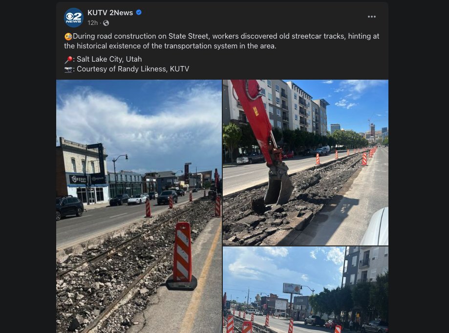 TaylorWAnderson's tweet photo. Workers didn't 'discover' streetcar tracks on State Street in SLC.

They uncovered the remains of a once prolific transit network the city was built around.

Like many other U.S. cities, that network was intentionally buried in an overt attempt to make Utahns dependent on cars. https://t.co/usAQBH3c3t