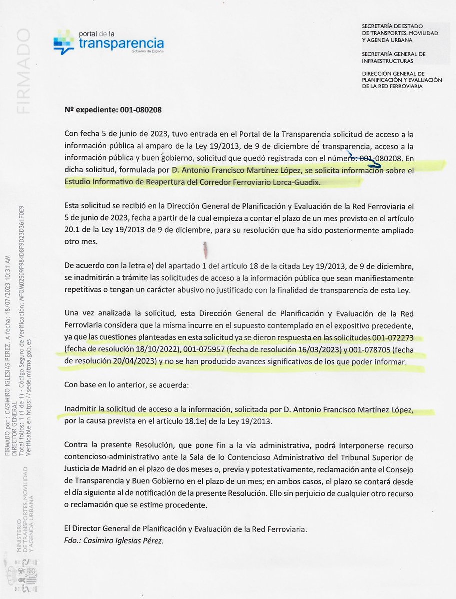 Denunciamos el ocultismo y censura informativa del Ministerio Transp <a href="/mitmagob/">Pol</a> sobre el estudio informativo de reapertura  del #tren y la ausencia de avances en el último año
#EstudioInformativo  REAPERTURA YA
31/12/1984-27/7/2023 #14085díassintren #Guadix #Baza #Almanzora #Lorca