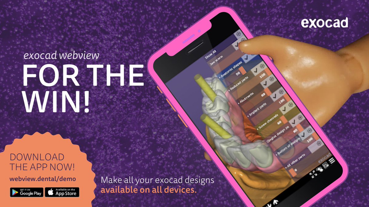 exocad's tweet image. Raising the Bar! 💜Make your exocad designs available on all devices! 📲💻🖥️
This fast and convenient multi-platform 3D viewer allows you to visualize common 3D formats on the go!
Experience our interactive demos at bit.ly/3DyxYoG
#exocad #dentalcad #webview