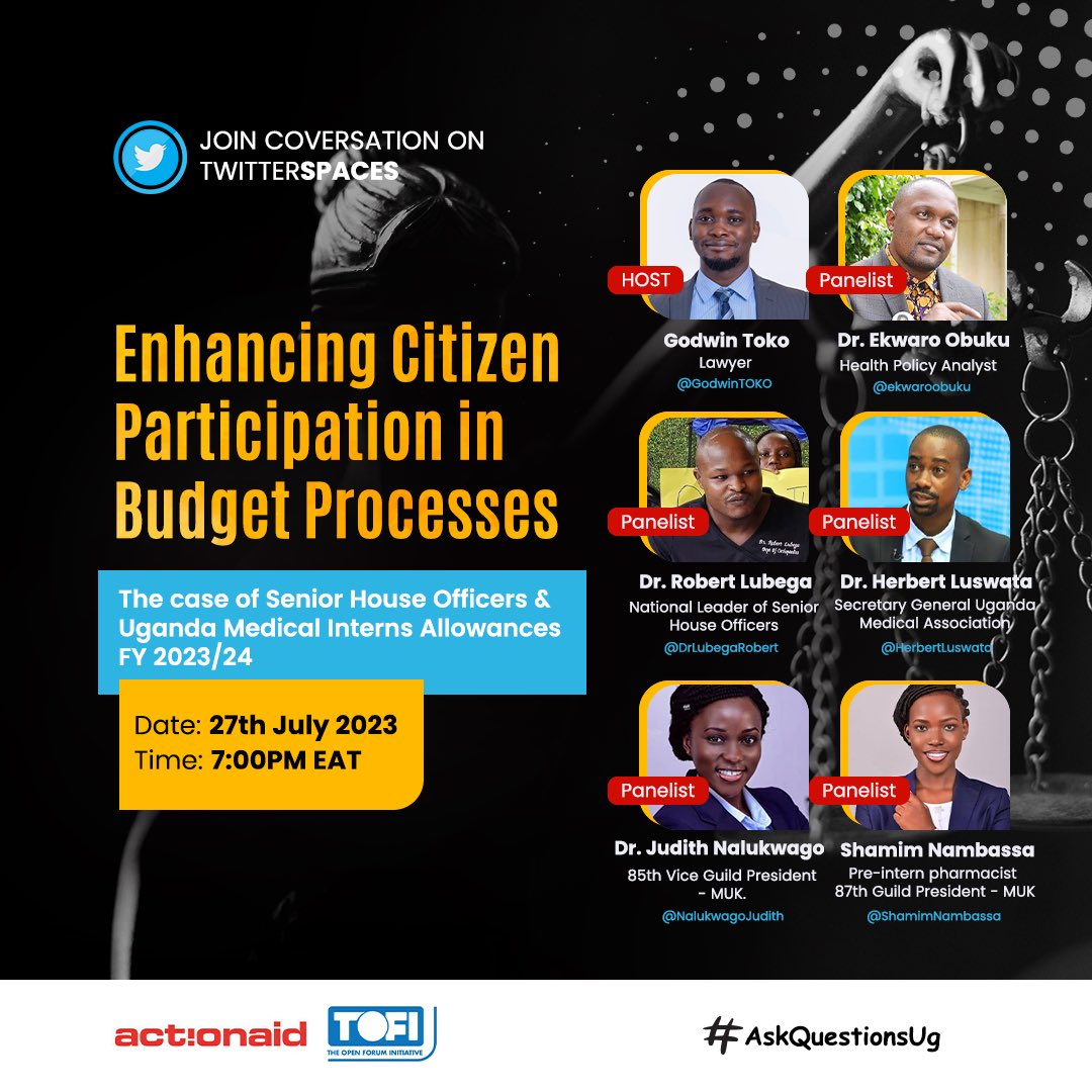 Join in <a href="/GodwinTOKO/">TOKO</a>’s Twitter space this evening at 7pm as notable leaders in the healthcare throw light on the current medical interns &amp; senior house officers impasse.
#DeployMedicalInterns
<a href="/TOFIUganda/">TOFI</a> <a href="/DrLubegaRobert/">Dr. Robert Robinson Lubega</a> <a href="/ekwaroobuku/">Ekwaro A. Obuku</a> <a href="/HerbertLuswata/">Dr Herbert Luswata</a> <a href="/NalukwagoJudith/">Dr. Nalukwago</a> <a href="/ShamimNambassa/">Dr. Shamim Nambassa</a>