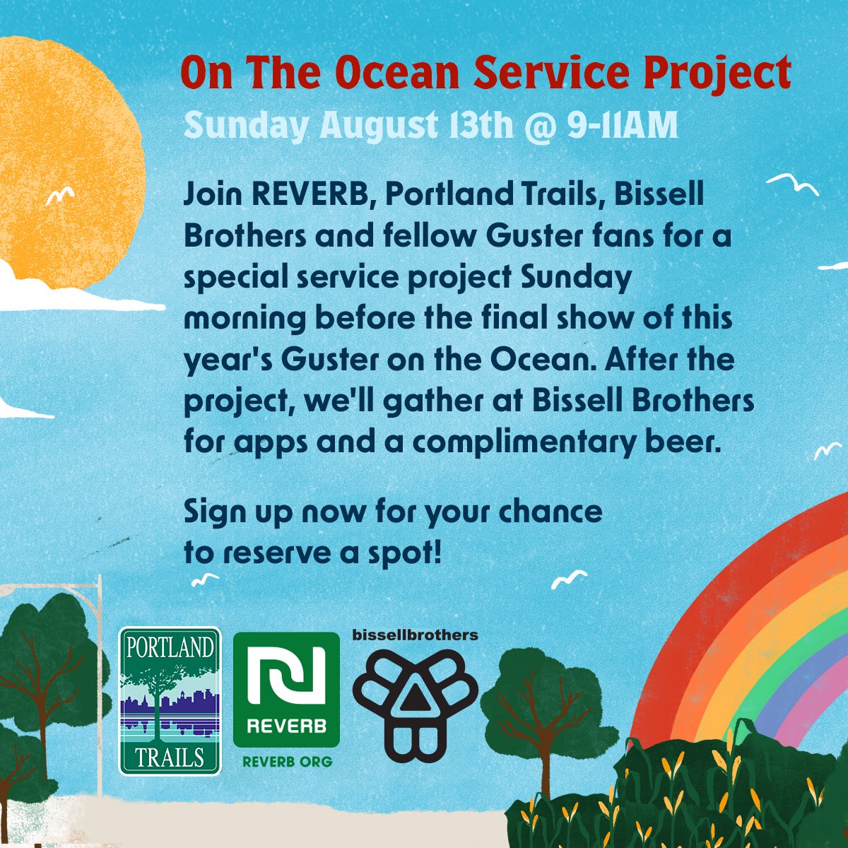 REVERB_org's tweet photo. Guster's On the Ocean Festival is around the corner! 🥳 Meet up with #TeamREVERB and Portland Maine Trails on Sunday, 8/13 to beautify a trail and give back to our community.
Post-service celebration at Bissell Brothers!
Register now, spot are limited!! https://t.co/MlLTiFHE0c https://t.co/PafCLXsoTR