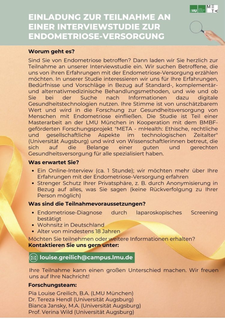 Tereza Hendl (@terezahendl) on Twitter photo On our BMBF research project <a href="/META_mHealth/">Mobile Health Ethics & Sociology</a>, we’re supervising a small study looking into the use of digital health for #endometriosis care. If you reside in Germany and you’d like to share your views and experiences, please get in touch with our very competent M.A. Researcher. On our BMBF research project <a href="/META_mHealth/">Mobile Health Ethics & Sociology</a>, we’re supervising a small study looking into the use of digital health for #endometriosis care. If you reside in Germany and you’d like to share your views and experiences, please get in touch with our very competent M.A. Researcher.