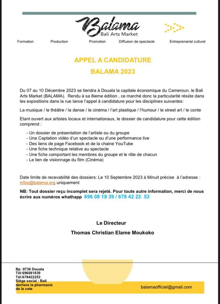 NadineGrard7's tweet image. 🔴 APPEL À CANDIDATURES
"Hello,
Pour sa 8 ème édition du 7-10 décembre 2023, le #Balama ( Bali Arts Market) lance son appel à candidatures ouvert à la musique, humour, Street art,danse, ciné et etc.
Envoyez vos éléments à l'adresse indiquée au plus tard le 10 Sept.
Merci de RT"