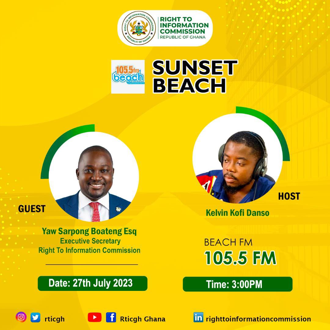 rticghana's tweet photo. Catch the Executive Secretary of the Right to Information Commission, Yaw Sarpong Boateng Esq., on Beach FM's Sunset Beach Show as he speaks on the Right to Information Act 2019, (Act989)
#NationWideSensitization
#KnowTheRTIAct
#RTICommission https://t.co/tnHkqPMvVd