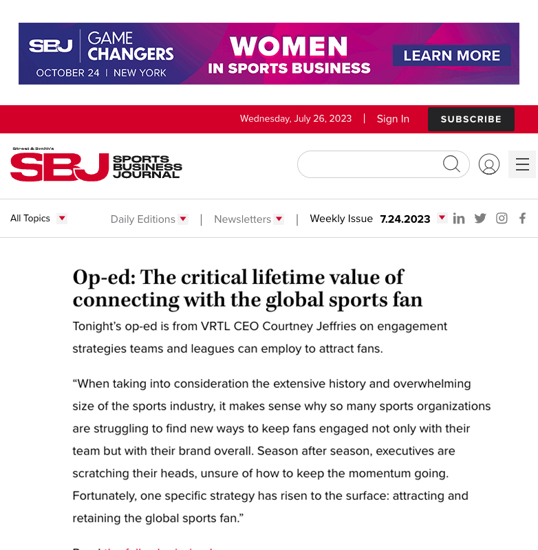 VRTLlive's tweet photo. Check out the full @SBJ article with our #CEO, Courtney Jeffries: https://t.co/zcvKW5TrPy https://t.co/FlJw5HXJRg