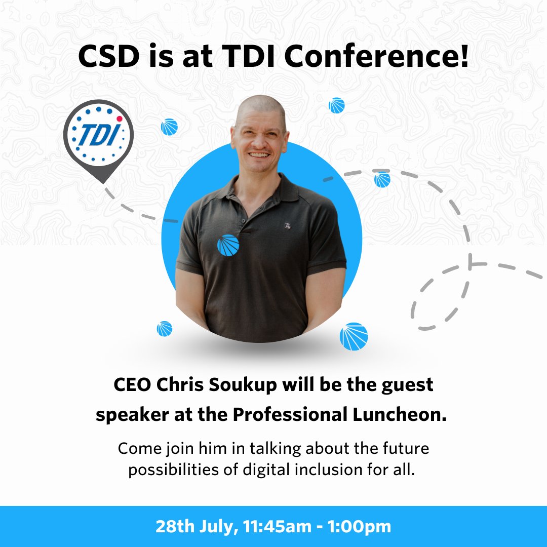 ThisIsCSD's tweet photo. 🎉 #TeamCSD is thrilled to be at the @TDIforAccess Conference! Our CEO, Chris Soukup, is the speaker at the Professional Luncheon tomorrow. Dive into the future possibilities of #DigitalInclusion with him! 🚀 Don't miss out on this enlightening discussion! See you there! 👋 https://t.co/VDGVlnn8nR