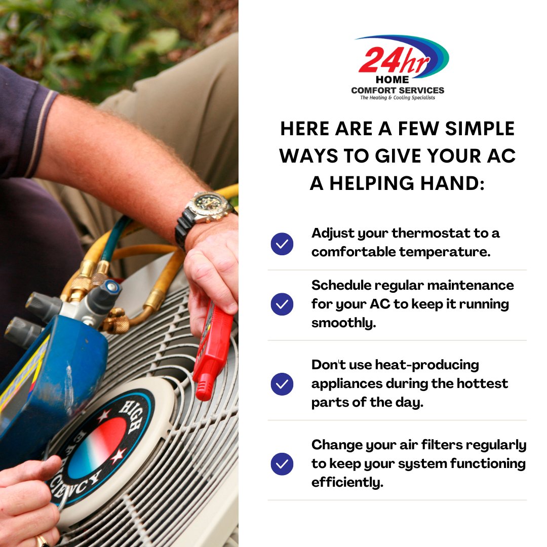 24HRHomeComfort's tweet image. With summer blazing on, it can be tough to keep your cool. 😰☀️ If you&apos;re looking for ways to give your air conditioner a break, we&apos;ve got some tips to help! 🙌

Here are a few simple ways to give your AC a helping hand:

Stay cool out there! 😎 #summerheat #ACtips #staycool