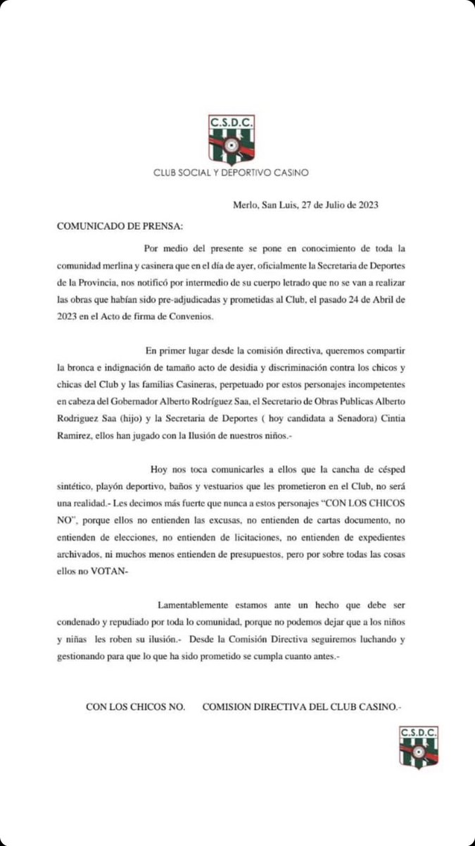 Hoy nos encontramos con esta triste noticia para todos los que amamos este hermoso deporte y en especial para los que amamos al <a href="/ClubCasinoSL/">Club Casino</a> de Merlo San Luis. Después de muchos años la directiva del club gestionó y logró que desde el gobierno nos den una mano+