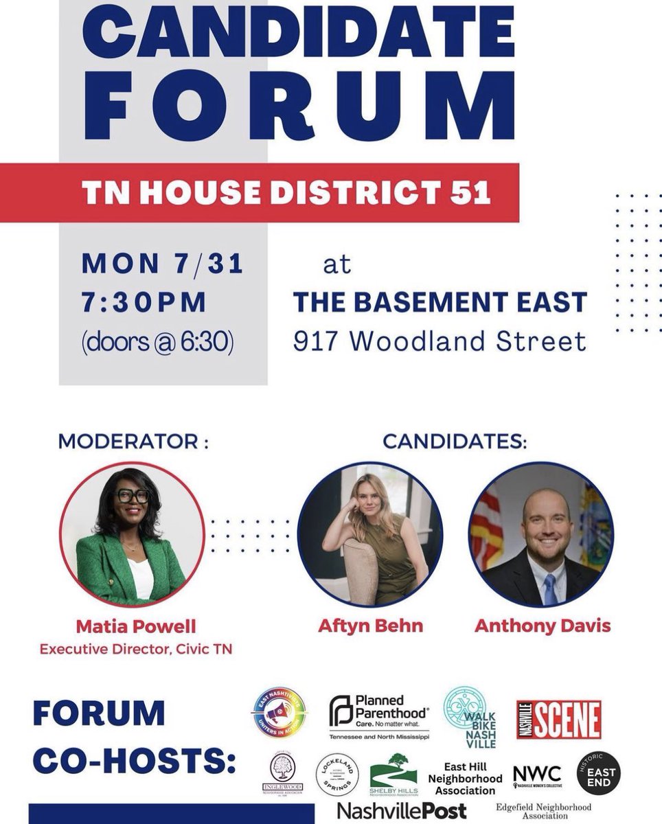 Even if you’ve already voted, come hear what the TN51 candidates have to say. One of them will be representing us in the statehouse! #Nashville #Vote 

<a href="/BasementEast/">The Basement East</a> <a href="/TNAdvocatesPP/">Tennessee Advocates for Planned Parenthood</a> <a href="/walkbikenash/">Walk Bike Nashville</a> <a href="/NashvilleScene/">Nashville Scene</a> <a href="/NashvillePost/">Nashville Post</a>
